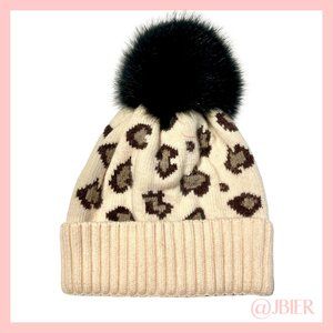 Adrienne Landau Leopard Print Beanie with Fox Fur Pom